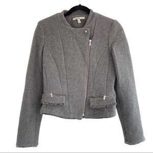 Zara Moto Jacket Tweed Grey Herringbone Zipper Wool Thick Asymmetrical Size M
